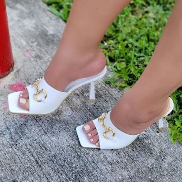 Women's White Open Square Toe High Mule Sandals - Picture 1 of 5